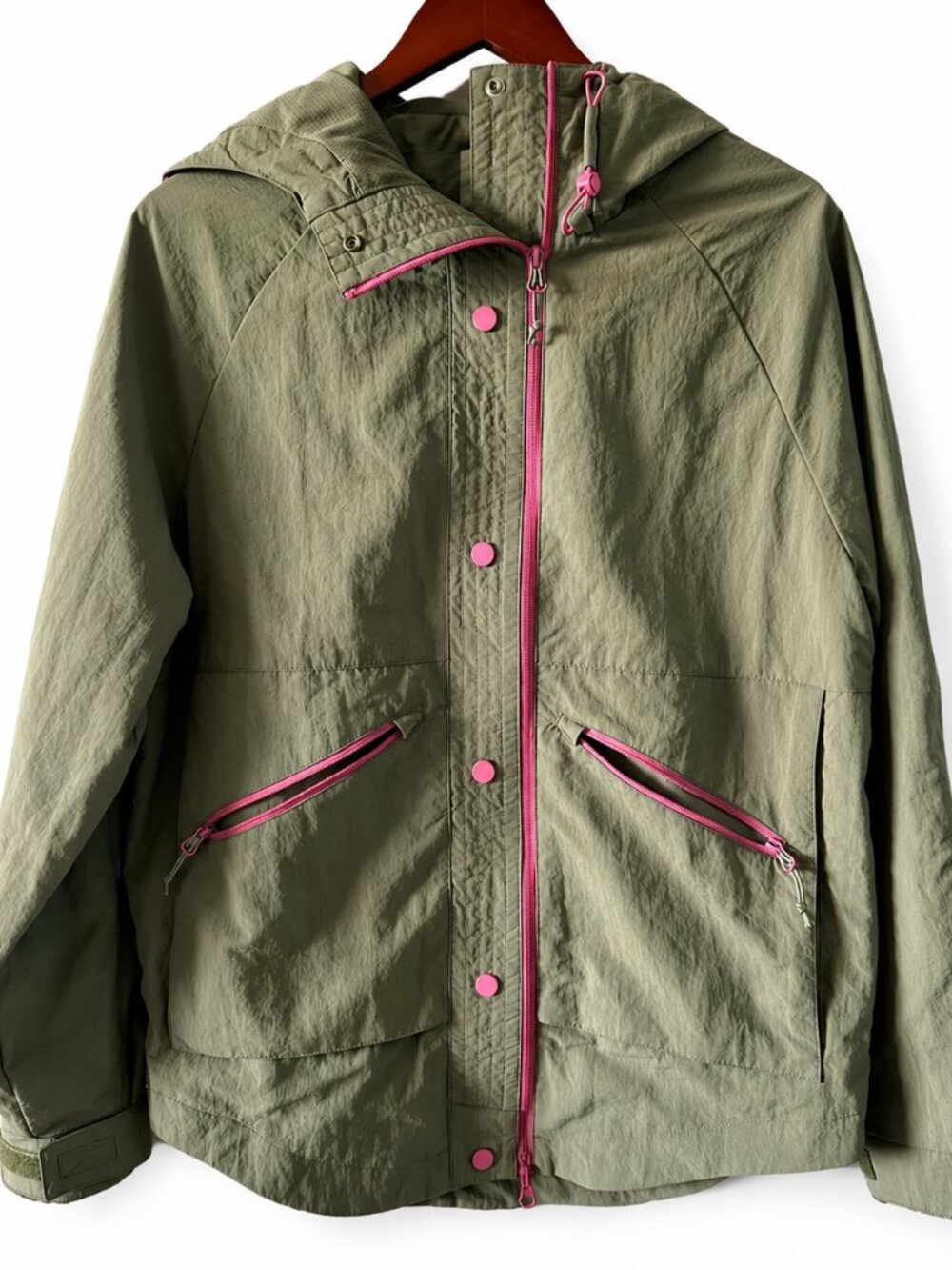 LIV Olive Green Hooded Windbreaker Rain Jacket Utility Pink Accent XS